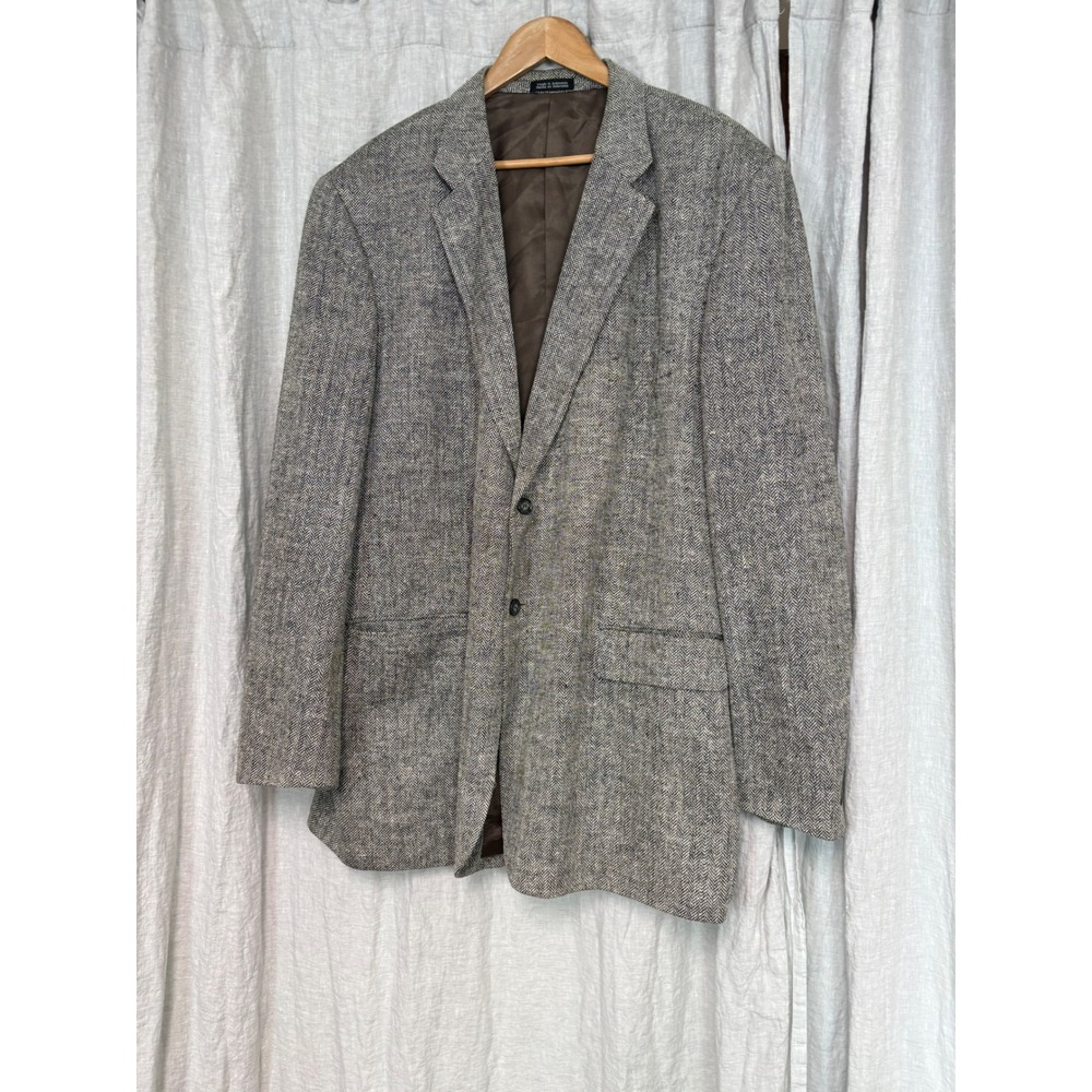 Towncraft Mens 100% Silk Herringbone Blazer Grey Black Sport Coat 2 Button 46-48